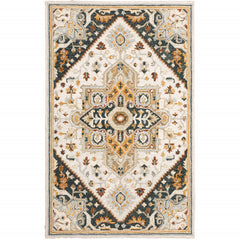 5' X 8' Ivory Charcoal Gold Clay And Muted Blue Oriental Tufted Handmade Stain Resistant Area Rug