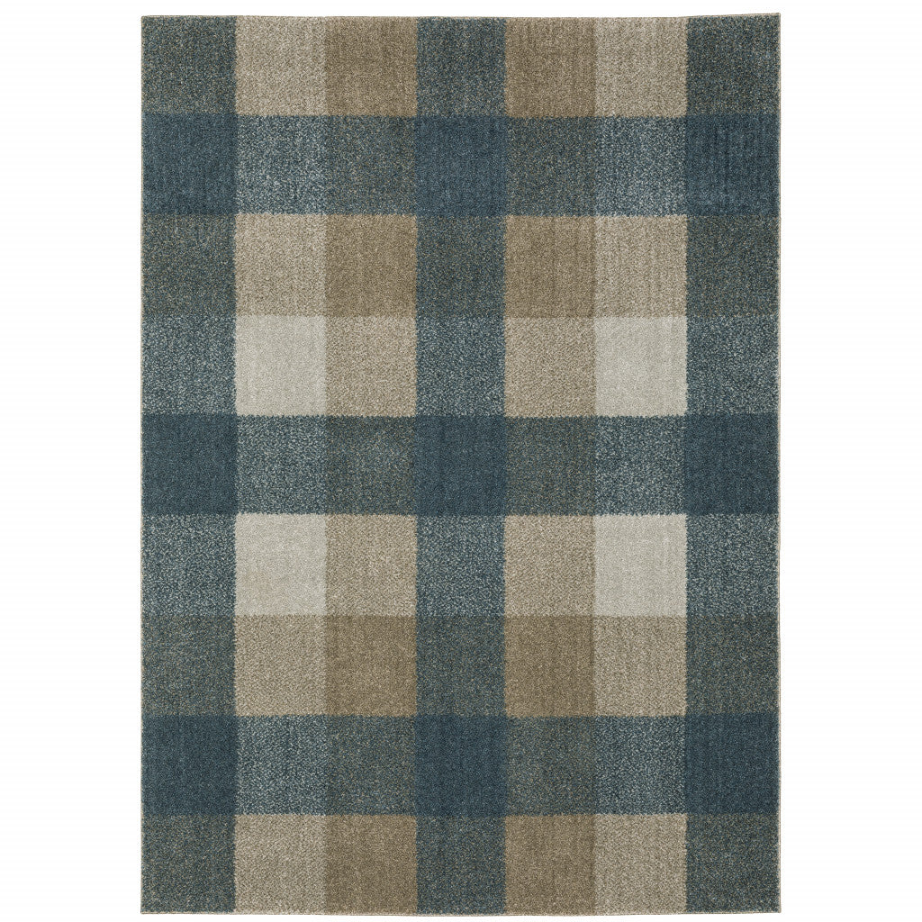 8' X 11' Teal Grey Tan And Beige Geometric Power Loom Stain Resistant Area Rug