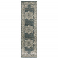 2' X 8' Blue And Beige Oriental Power Loom Stain Resistant Runner Rug