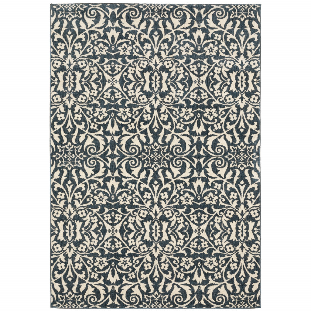 10' X 13' Blue And Ivory Floral Power Loom Stain Resistant Area Rug