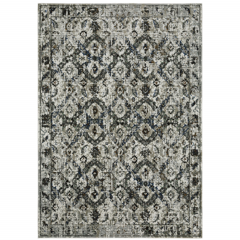 10' X 13' Ivory Charcoal Grey Blue Rust Gold And Brown Oriental Power Loom Stain Resistant Area Rug