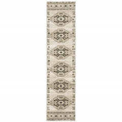 2' X 8' Ivory Grey Black And Ivory Southwestern Power Loom Stain Resistant Runner Rug