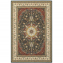 10' X 13' Navy And Ivory Oriental Power Loom Stain Resistant Area Rug