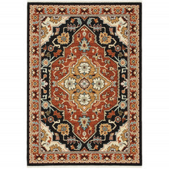 10' X 13' Black Orange And Beige Oriental Power Loom Stain Resistant Area Rug With Fringe