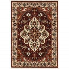 10' X 13' Red Ivory Orange And Blue Oriental Power Loom Stain Resistant Area Rug With Fringe