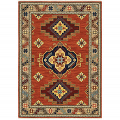 10' X 13' Red Gold Blue Brown Oriental Power Loom Stain Resistant Area Rug With Fringe