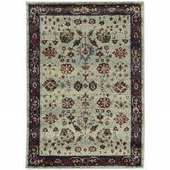 10' X 13' Stone And Red Oriental Power Loom Stain Resistant Area Rug