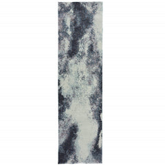 2' X 10' Navy And Ivory Abstract Power Loom Stain Resistant Runner Rug