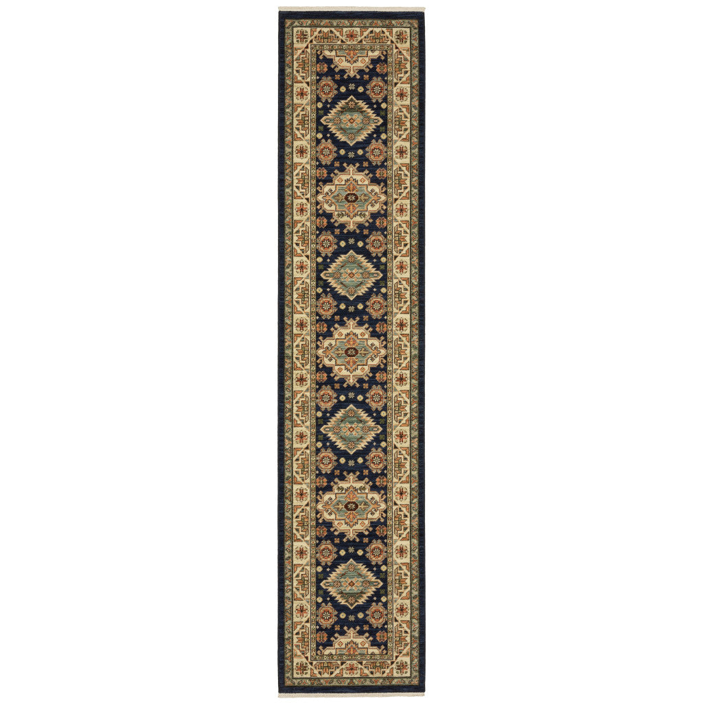 12' Navy Charcoal Orange Rust Gold Pale Blue Olive Beige And Salmon Oriental Power Loom Runner Rug With Fringe