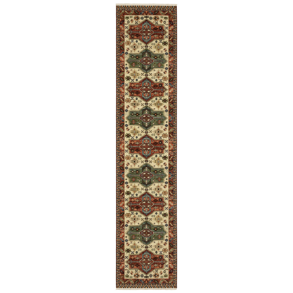 12' Brick Red Orange Rust Beige Gold Pale Blue Olive Navy And Black Oriental Power Loom Runner Rug With Fringe