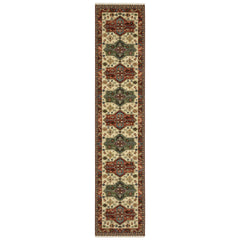 12' Brick Red Orange Rust Beige Gold Pale Blue Olive Navy And Black Oriental Power Loom Runner Rug With Fringe