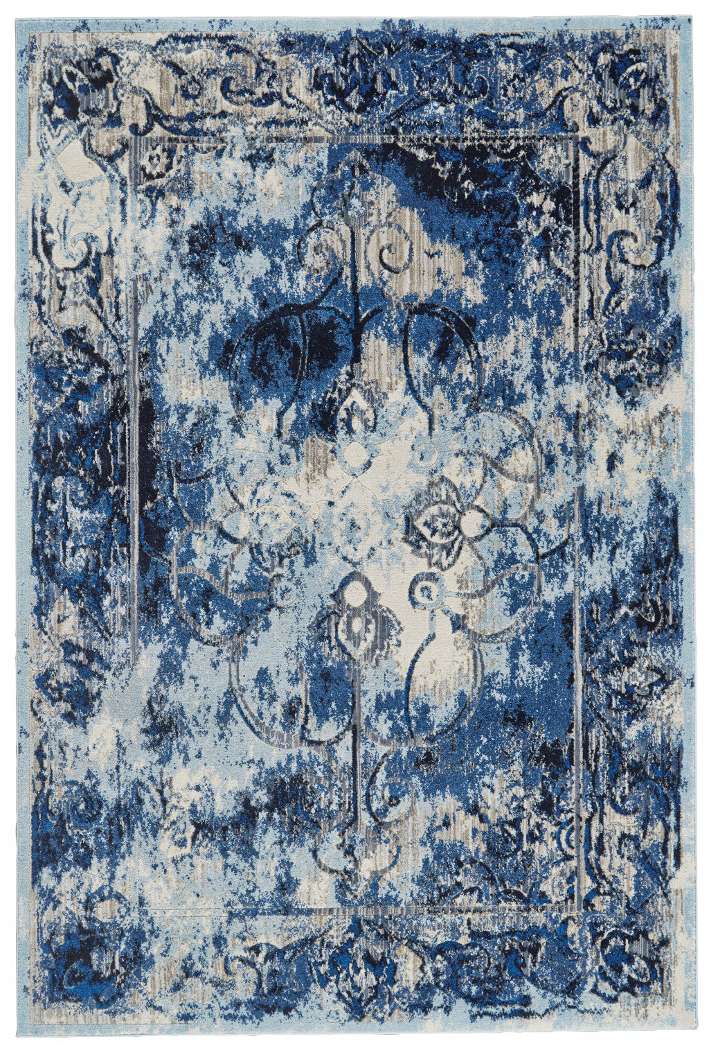 10' X 14' Blue Ivory And Gray Floral Distressed Stain Resistant Area Rug