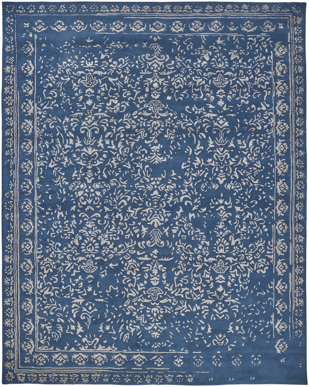 10' X 14' Blue And Silver Wool Floral Tufted Handmade Distressed Area Rug