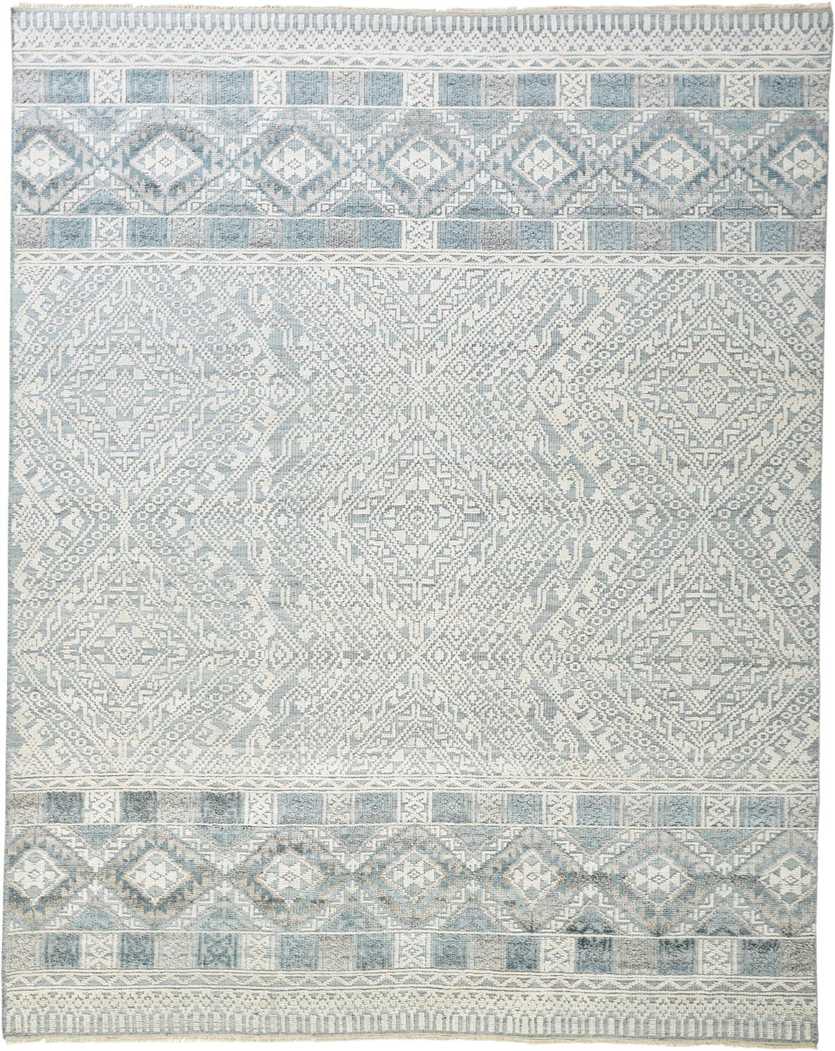 12' X 15' Ivory Blue And Gray Geometric Hand Knotted Area Rug