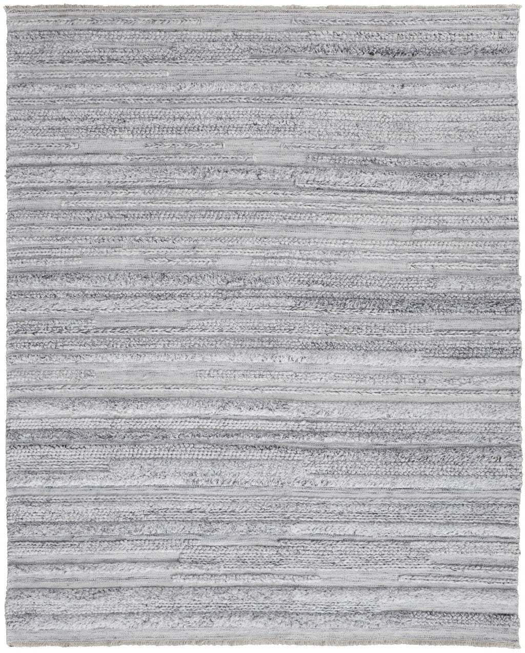 9' X 12' Gray Silver And Ivory Striped Hand Woven Stain Resistant Area Rug