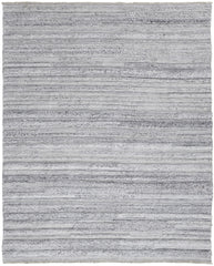 9' X 12' Gray Silver And Ivory Striped Hand Woven Stain Resistant Area Rug