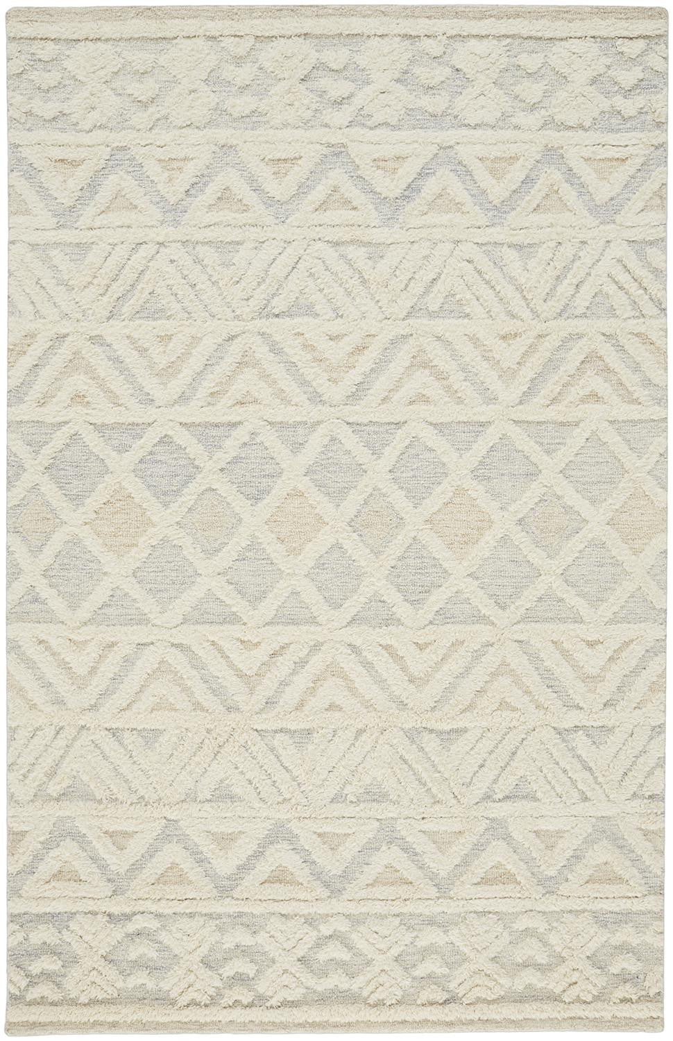 2' X 3' Ivory Blue And Tan Wool Geometric Tufted Handmade Stain Resistant Area Rug