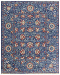 12' X 15' Blue And Red Wool Floral Hand Knotted Stain Resistant Area Rug