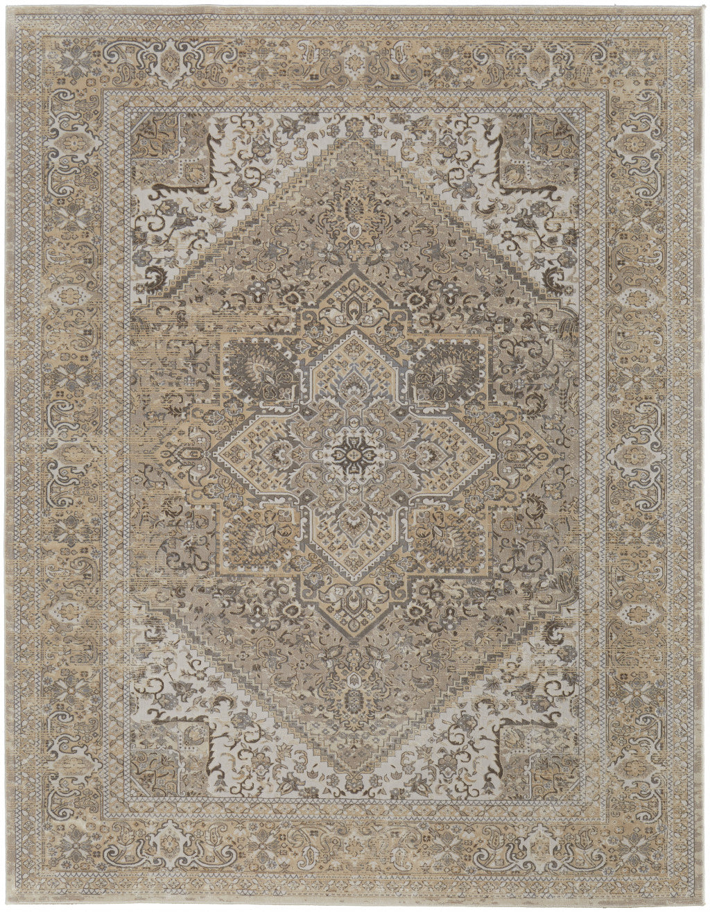 12' X 15' Brown Ivory And Tan Floral Power Loom Distressed Area Rug