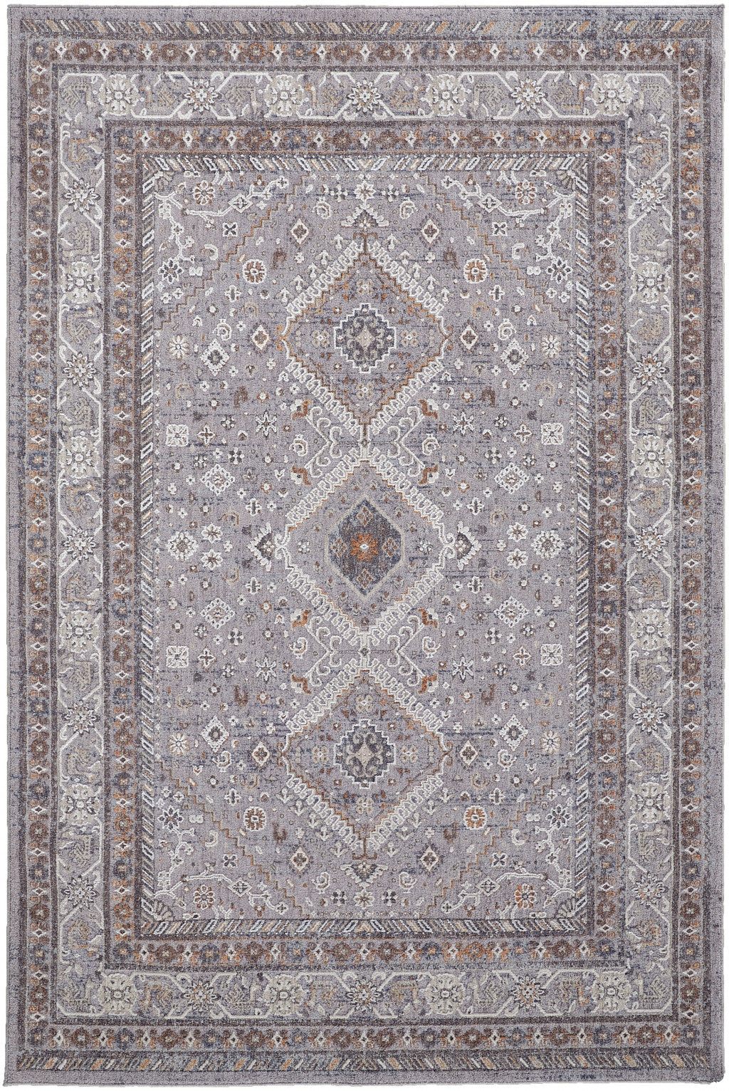 10' X 13' Gray Orange And Ivory Floral Power Loom Stain Resistant Area Rug