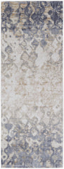 10' Tan Ivory And Blue Abstract Power Loom Distressed Runner Rug