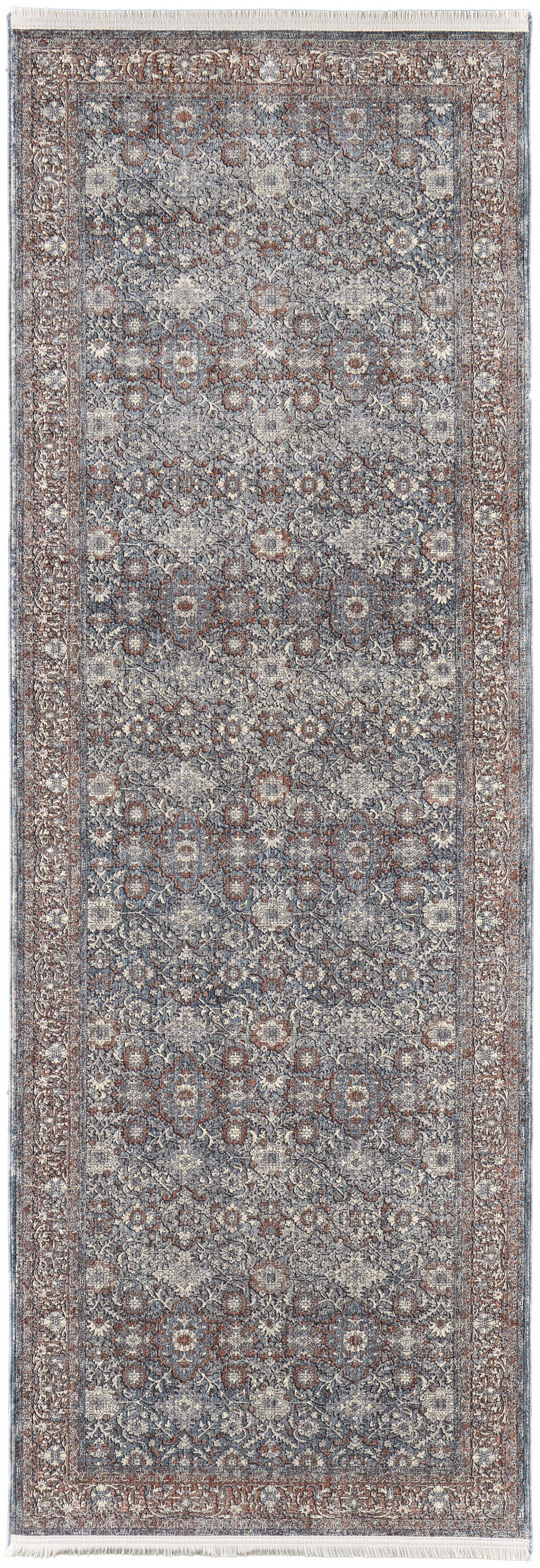 12' Blue And Red Floral Power Loom Runner Rug