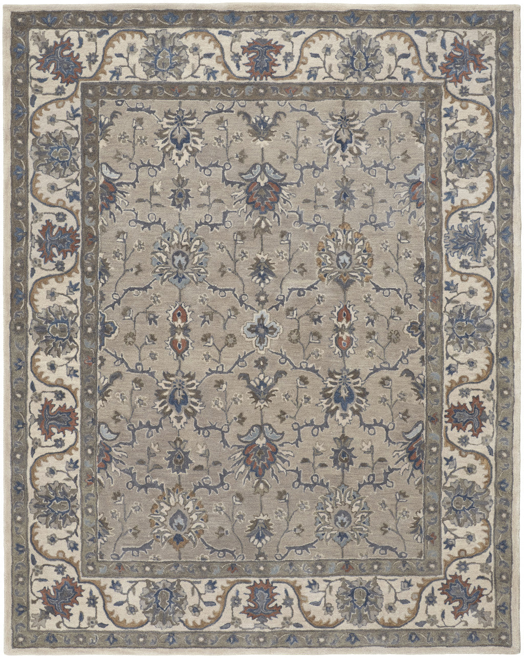 10' X 14' Taupe Ivory And Blue Wool Floral Tufted Handmade Stain Resistant Area Rug