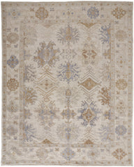 10' X 14' Ivory Tan And Blue Floral Hand Knotted Stain Resistant Area Rug