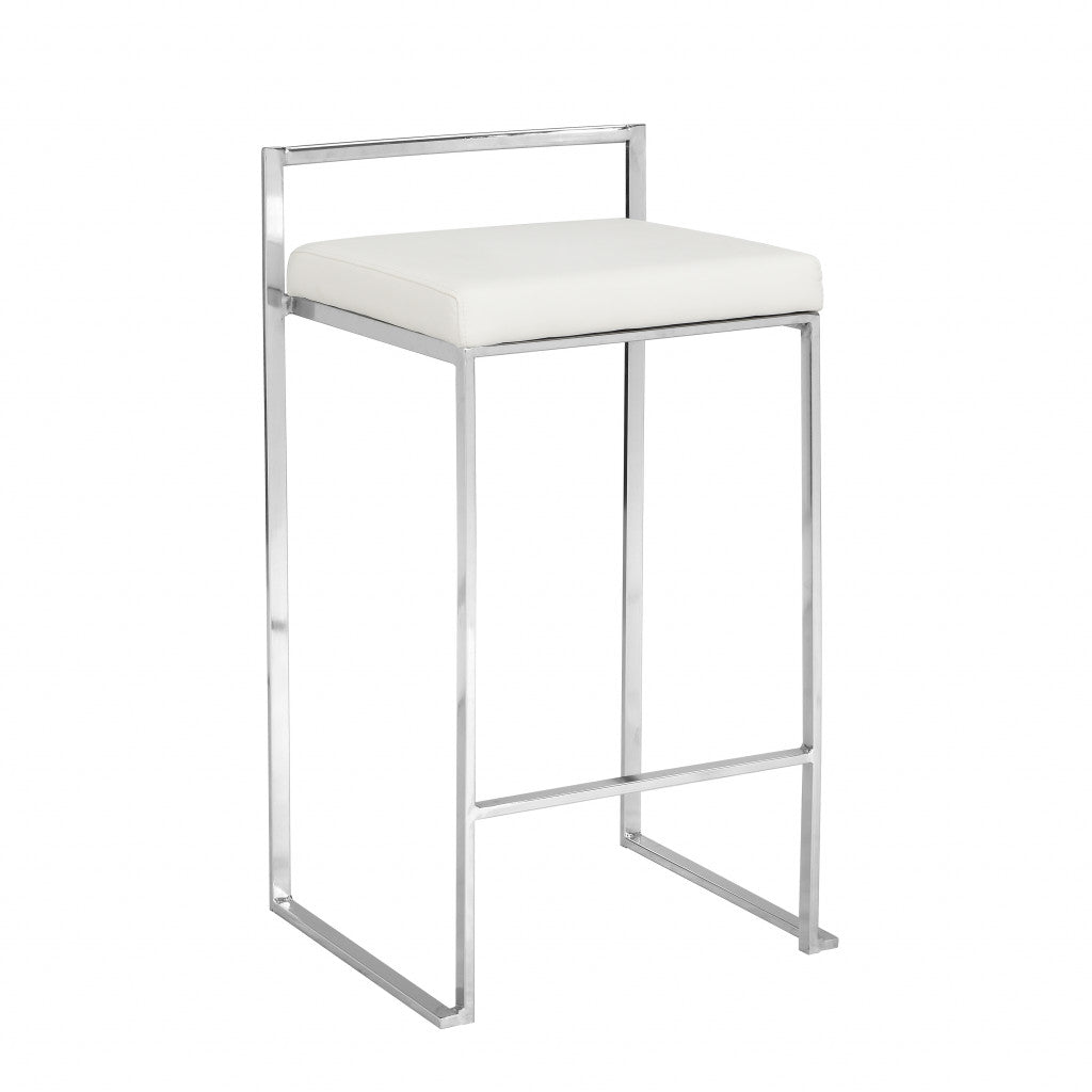31" White Faux Leather And Solid Wood Low Back Bar Height Chair With Footrest