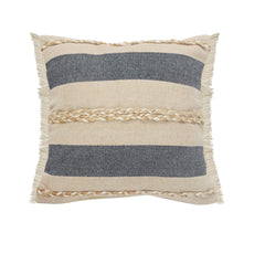 24" X 24" Denim Blue Tan And Taupe Jute Coastal Zippered Pillow
