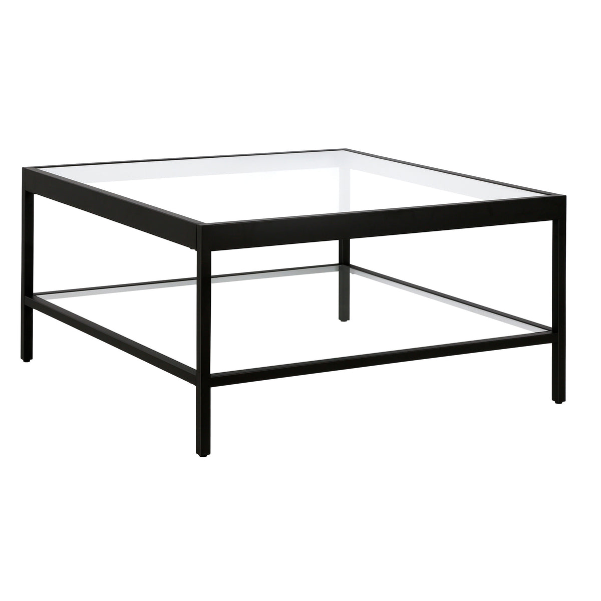 32" Black Glass Square Coffee Table With Shelf