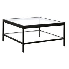 32" Black Glass Square Coffee Table With Shelf