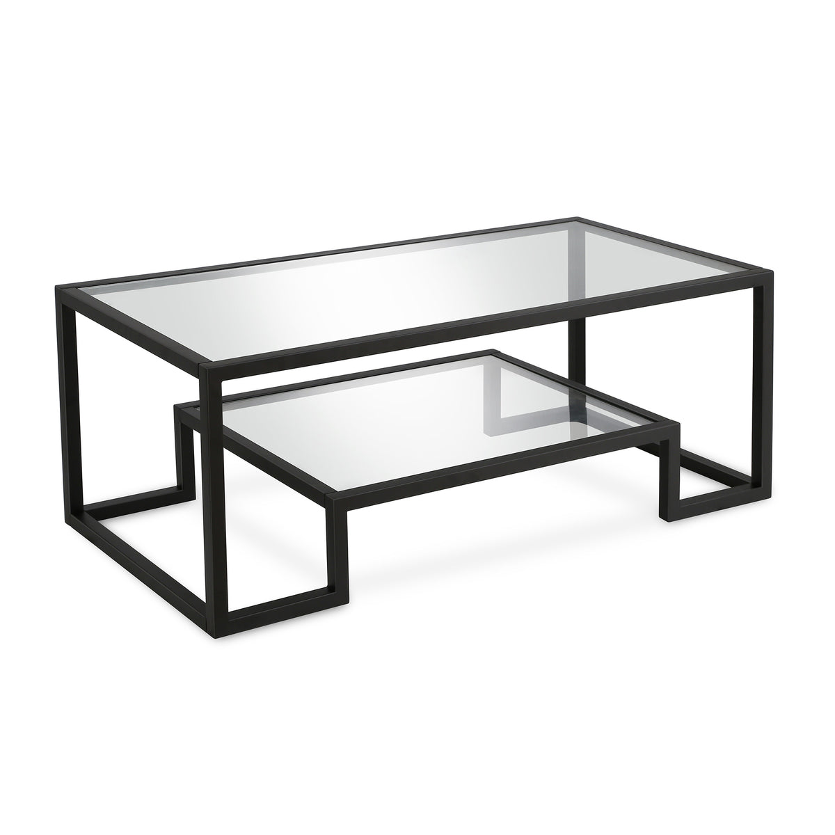 45" Black Glass Rectangular Coffee Table With Shelf