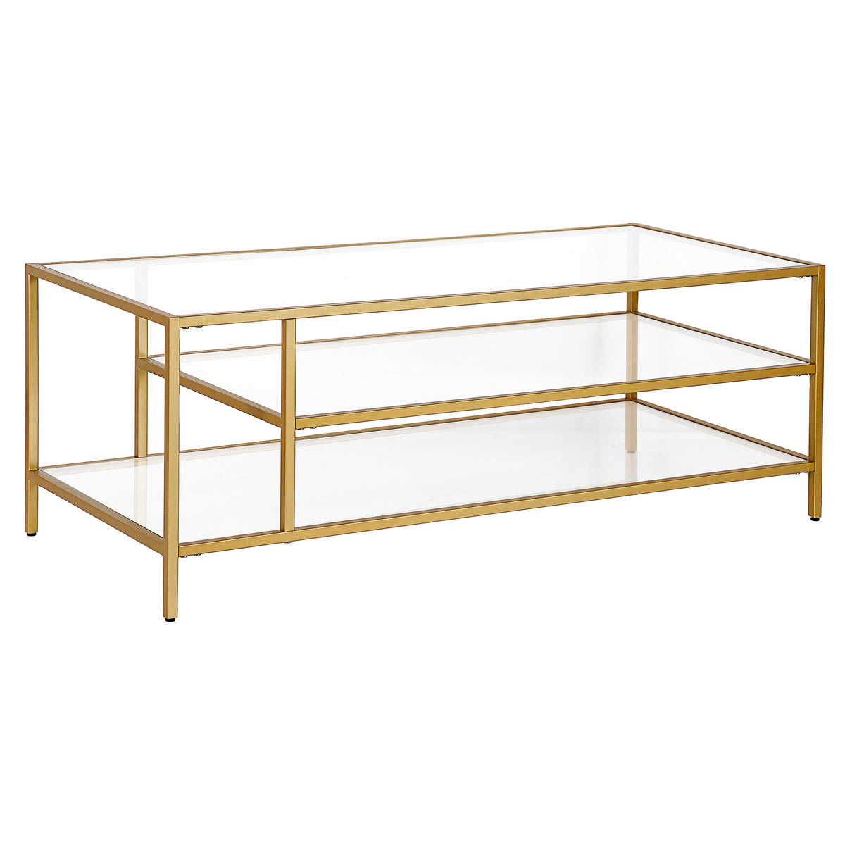 46" Gold Glass Rectangular Coffee Table With Two Shelves