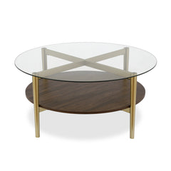 36" Gold Glass Round Coffee Table With Shelf