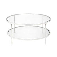 36" White Glass Round Coffee Table With Shelf