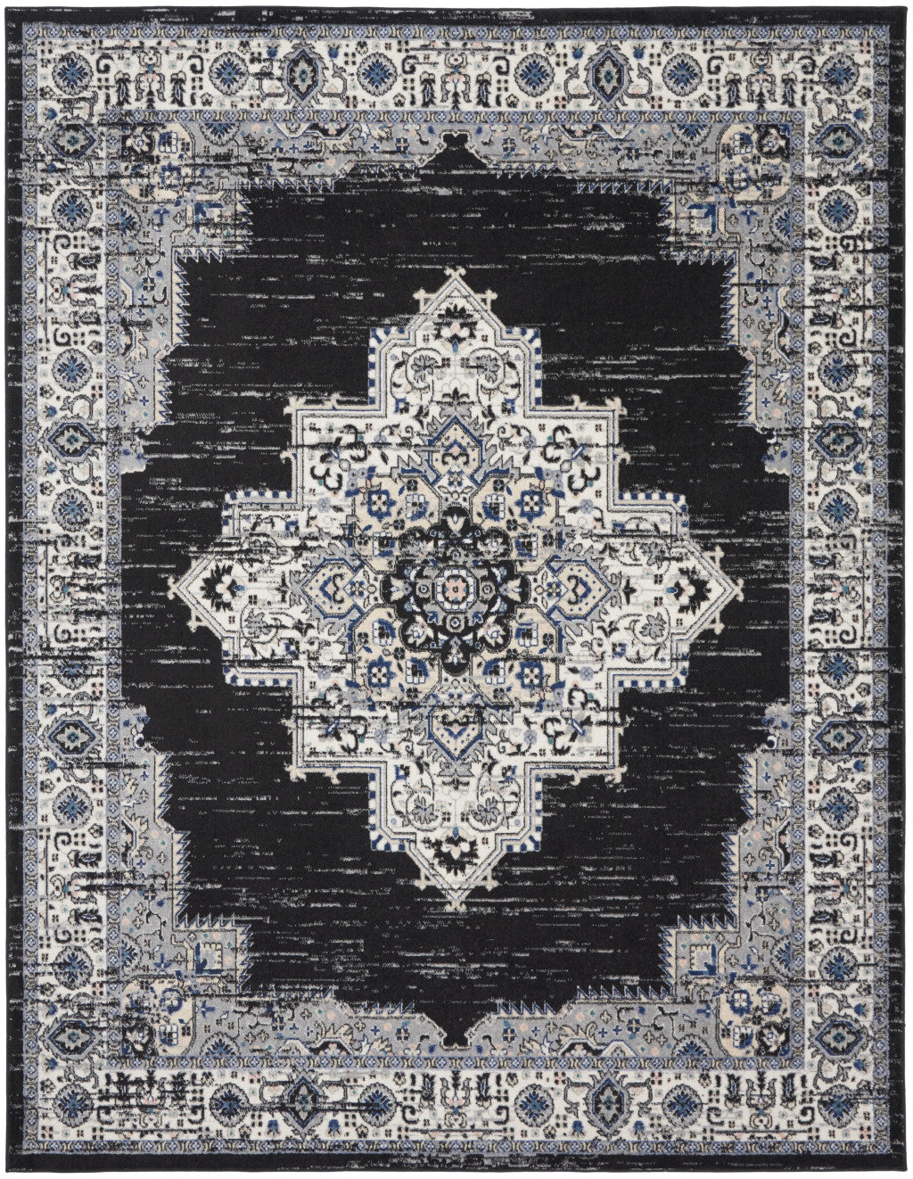 8' X 10' Black Floral Power Loom Distressed Area Rug