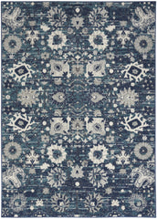 8' X 10' Navy Blue Floral Power Loom Distressed Area Rug