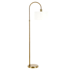 70" Brass Arched Floor Lamp With White Frosted Glass Drum Shade