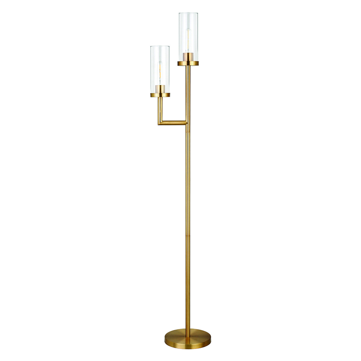 69" Brass Two Light Torchiere Floor Lamp With Clear Transparent Glass Drum Shade