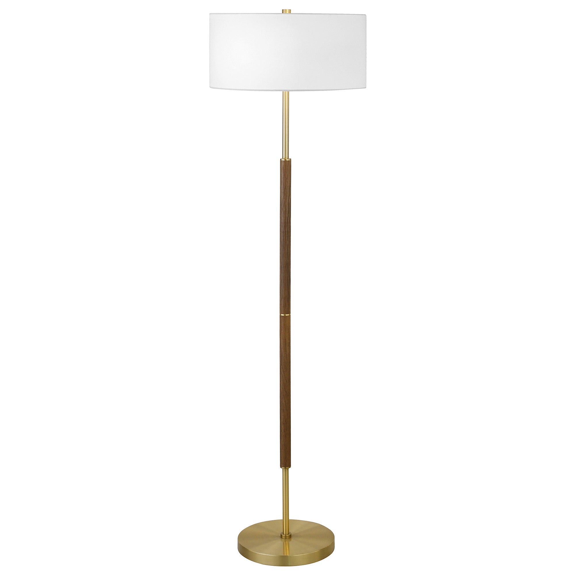 61" Brass Two Light Traditional Shaped Floor Lamp With White Frosted Glass Drum Shade