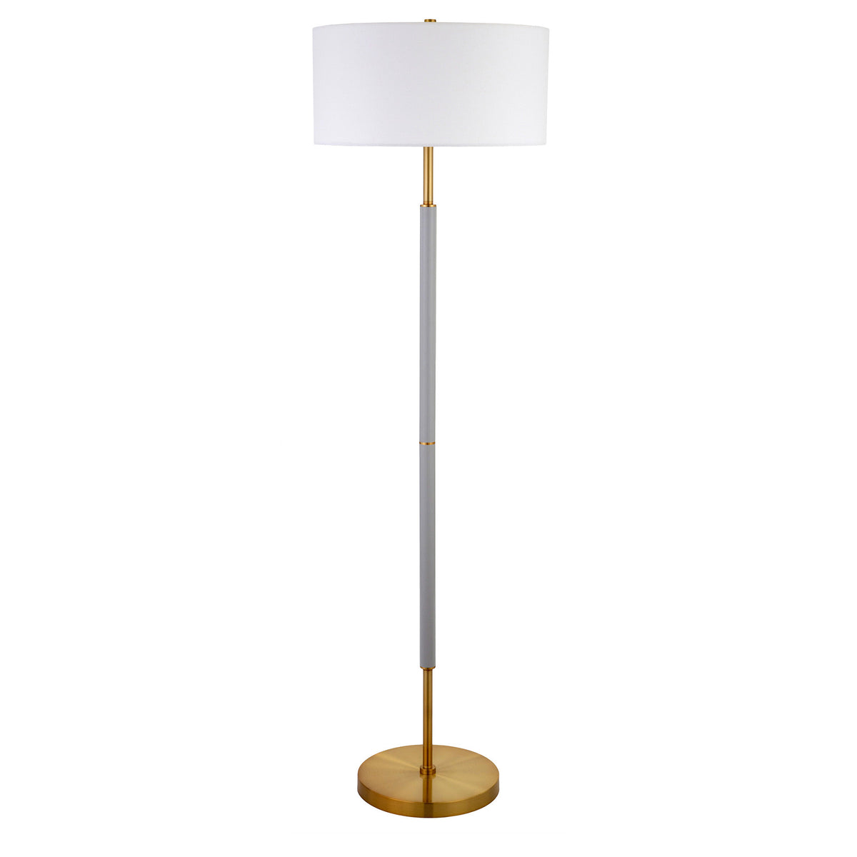 61" Brass Two Light Traditional Shaped Floor Lamp With White Frosted Glass Drum Shade