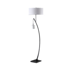 59" Matte Black Dual Arc Floor Lamp With White Drum Shade