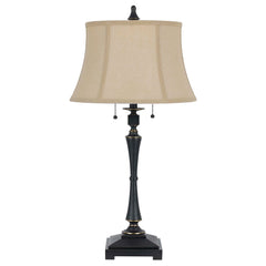 31" Bronze Metal Two Light Table Lamp With Beige Empire Shade