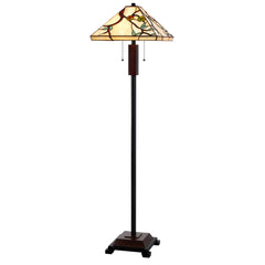60" Bronze Two Light Traditional Shaped Floor Lamp With Green And Ivory Floral Tiffany Glass Square Shade
