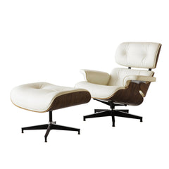 35" Beige Tufted Leather And Dark Brown Swivel Lounge Chair with Ottoman
