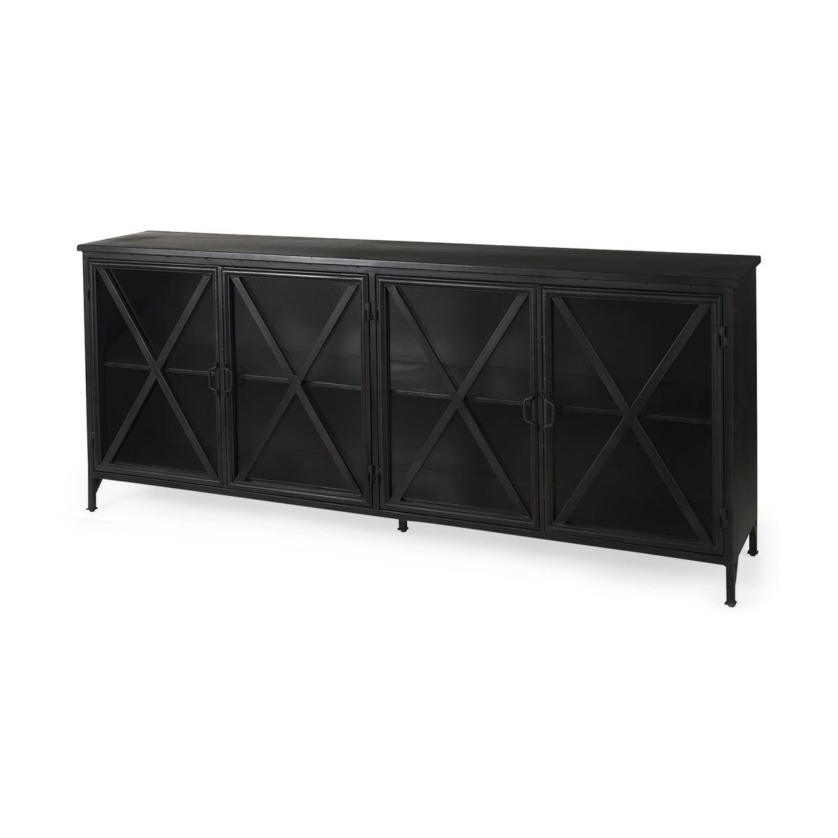 Black Solid Metallic Bronze Finish Sideboard With 4 Glass Cabinet Doors