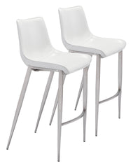 Set Of Two 43" White And Silver Steel Low Back Bar Height Chairs With Footrest