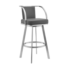 36" Gray Faux Leather And Iron Swivel Counter Height Bar Chair