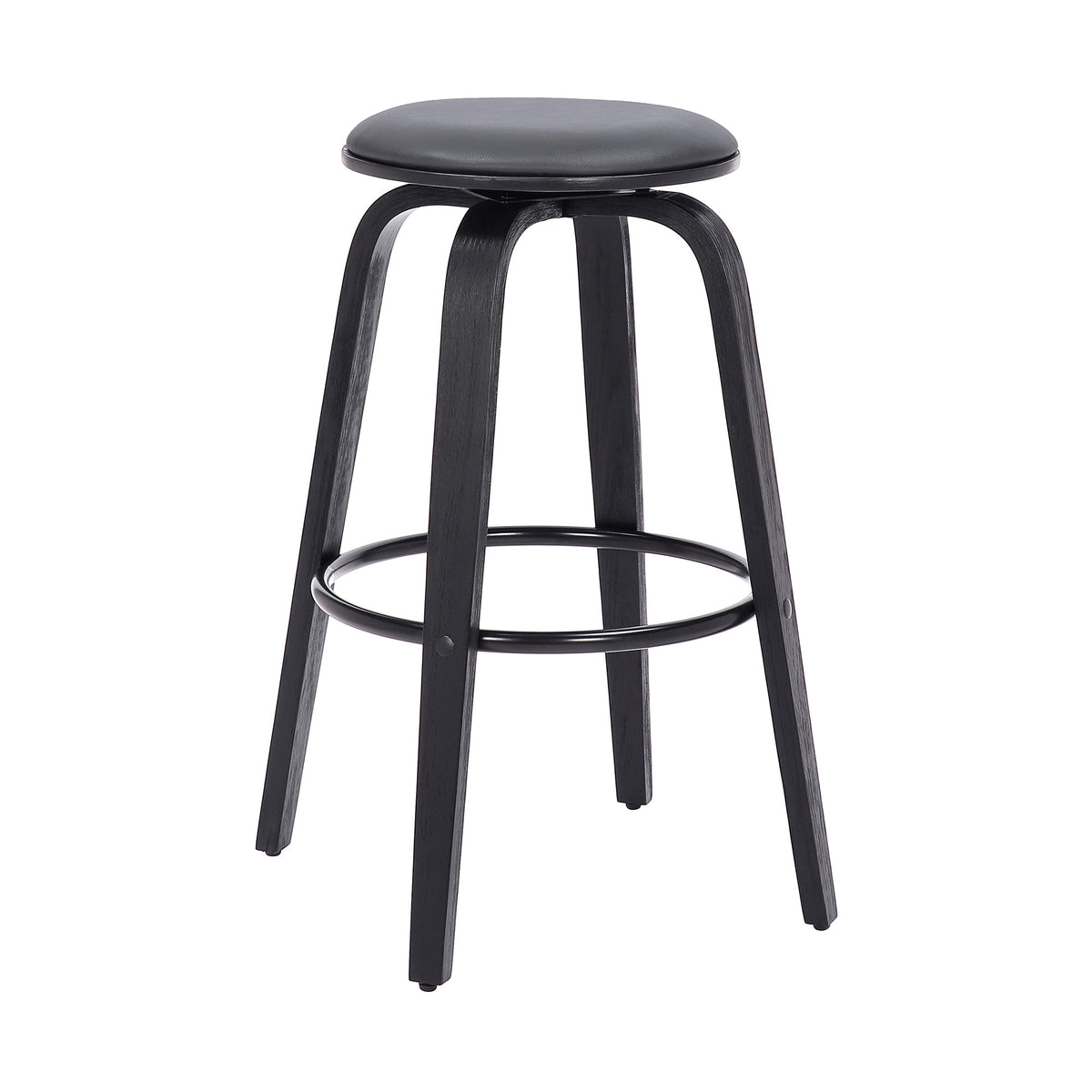 29" Gray And Black Solid Wood Swivel Backless Bar Height Chair With Footrest